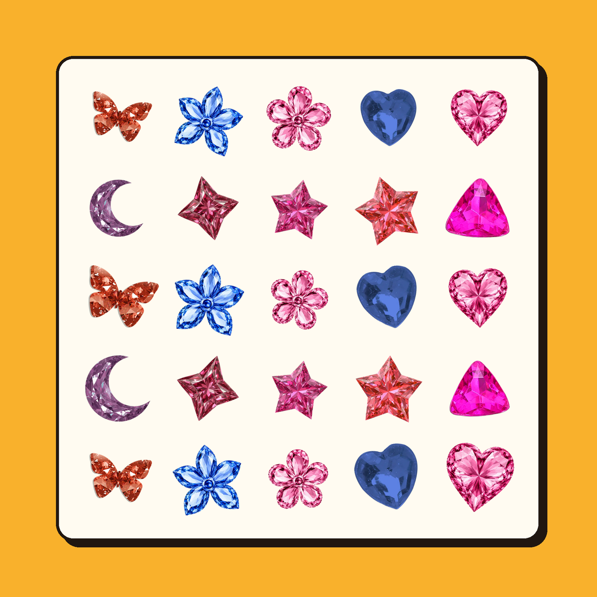 Gimi Michi rhinestone sheet — 25 stick-on gems in hearts, stars, flowers, butterflies and moons