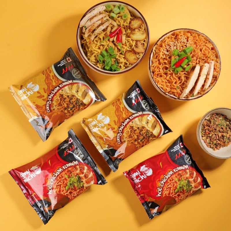 Gimi Michi ramen packs and prepared bowls