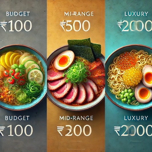 Three bowls of ramen showcasing different price ranges: budget-friendly ramen at ₹100, mid-range ramen at ₹500, and luxury ramen at ₹2000, representing the diversity in ramen experiences.