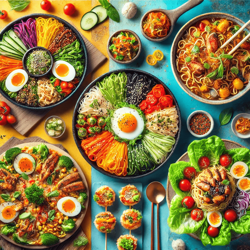 A vibrant and colorful spread of five creative bibimbap ramen dishes, including a bibimbap ramen bowl, stir-fry, salad cups, ramen pizza, and skewers, showcasing the fusion of Korean flavors and ramen innovation.