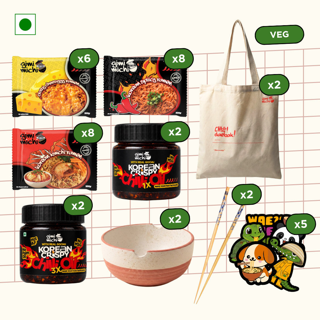 The 1958 Bundle contents — 22 packs of Korean ramen, Korean Crispy Chilli Oil 1X and 3X, ceramic bowls, chopsticks, daebak tote bags and Korean sticker sets