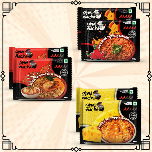 Gimi Michi Veggie Trio Box - 2 Korean Kimchi + 2 Korean Spicy + 2 Crazy Cheesy - 6 x 100 grams