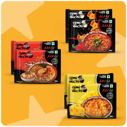 Gimi Michi Veggie Trio Box - 2 Korean Kimchi + 2 Korean Spicy + 2 Crazy Cheesy - 6 x 100 grams
