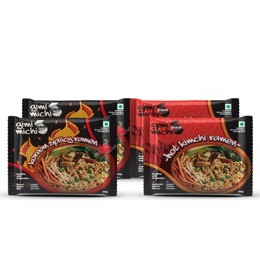 Gimi Michi Korean Kimchi & Fire Twin Duo Box - 2 Kimchi + 2 Spiiicy Korean Ramen - 4 x 100 grams