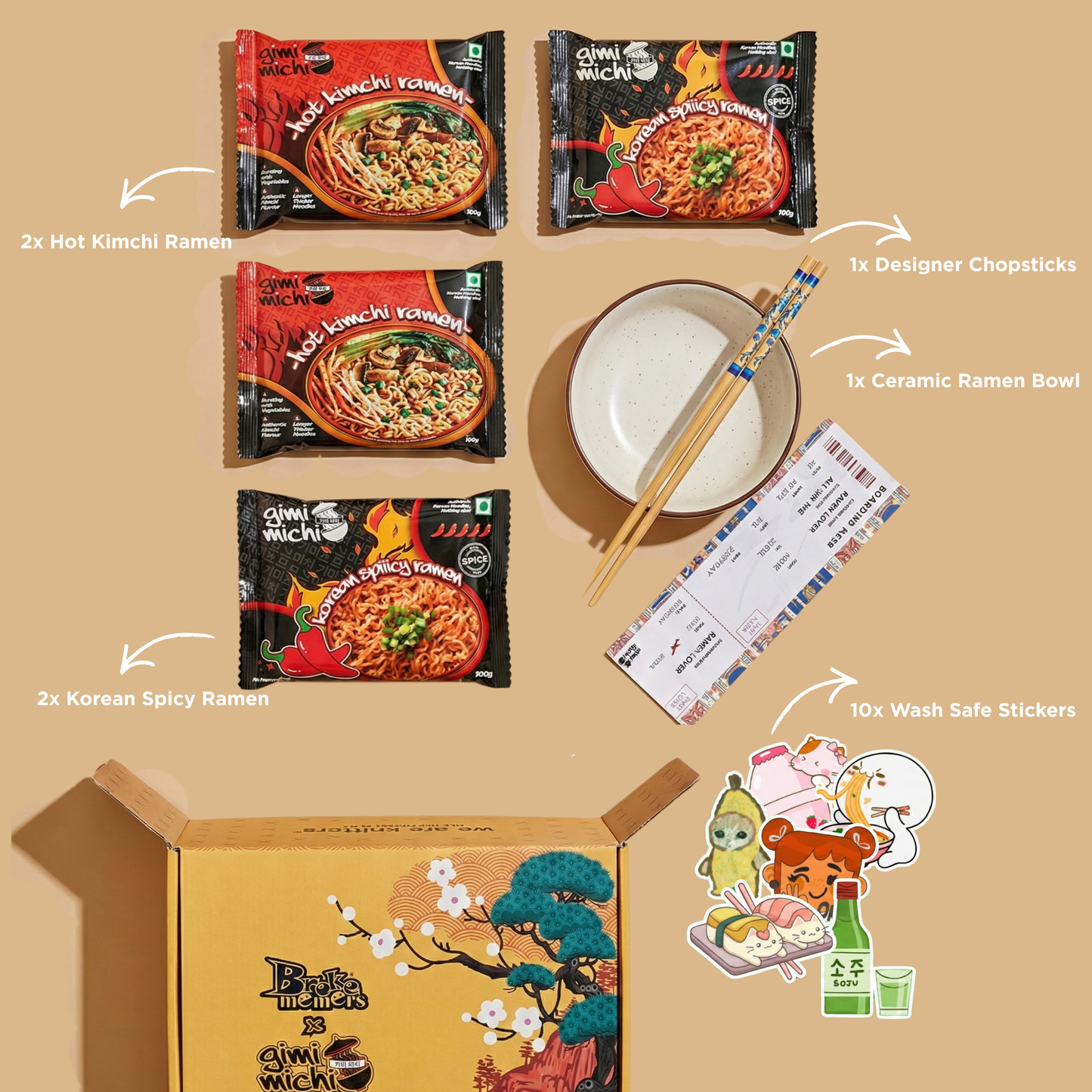Gimi Michi X BM Korean Experience Box - 1 ramen bowl, 1 chopsticks, 10 washable stickers, 4 packs of ramen