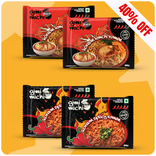 Gimi Michi Korean Kimchi & Fire Twin Duo Box - 2 Kimchi + 2 Spiiicy Korean Ramen - 4 x 100 grams