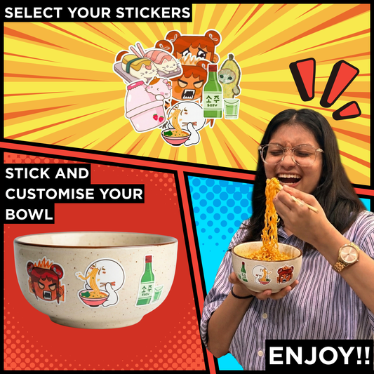 Gimi Michi X BM Korean Experience Box - 1 ramen bowl, 1 chopsticks, 10 washable stickers, 4 packs of ramen