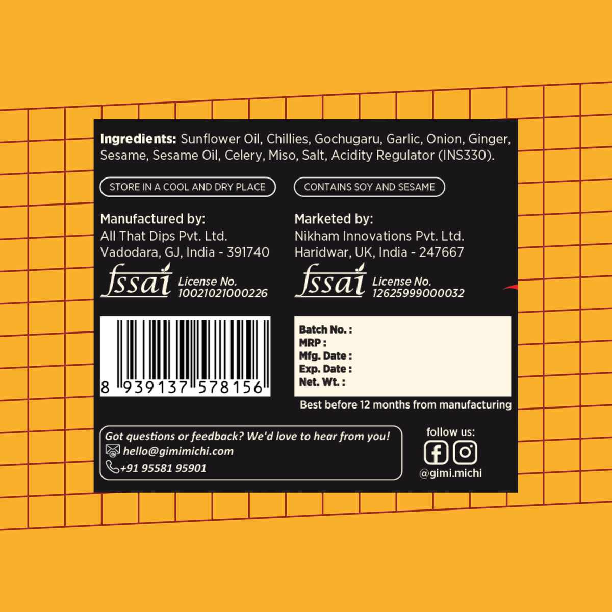 Korean Crispy Chilli Oil 3X 170g - ingredients and FSSAI details