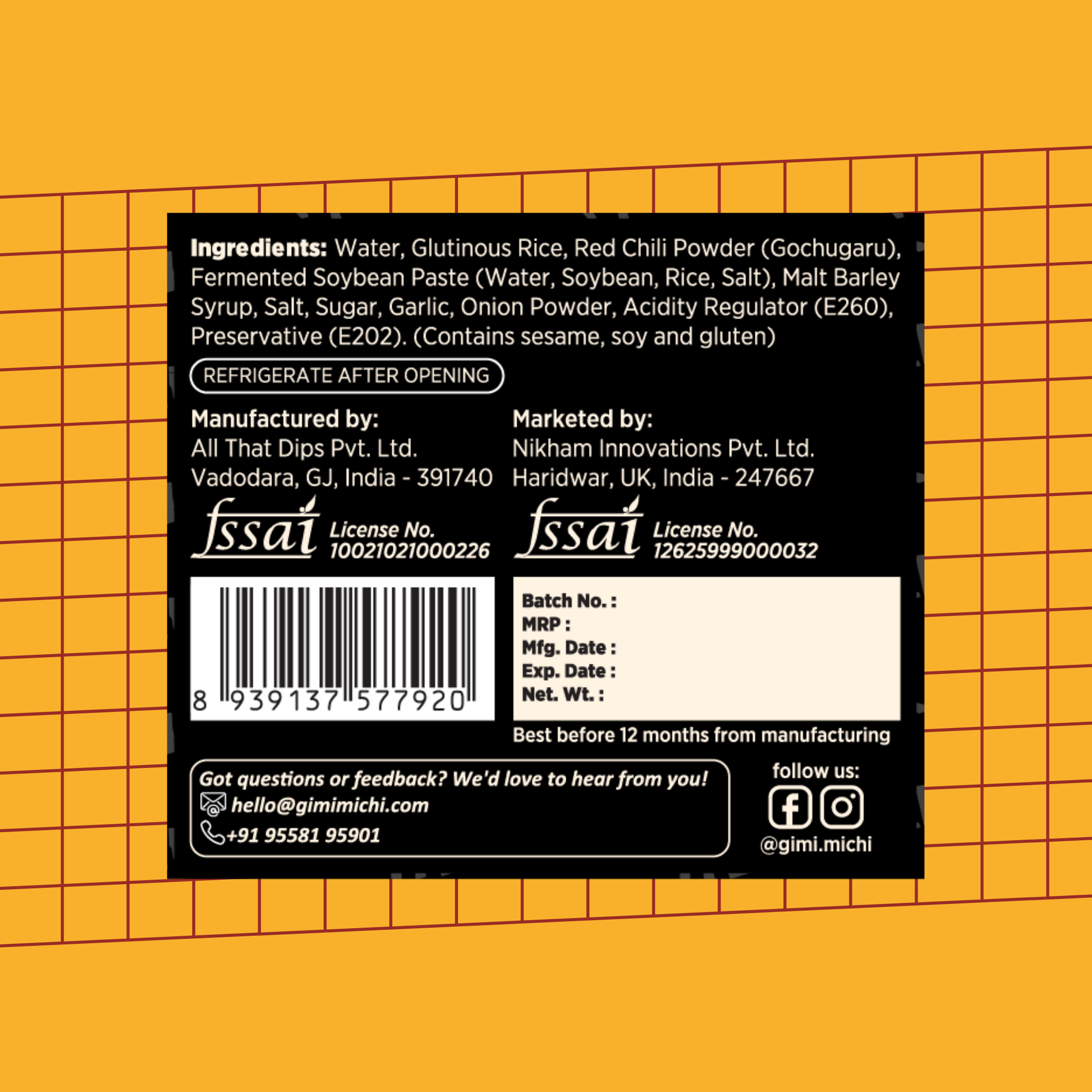 Korean Gochujang 200g - ingredients and FSSAI details