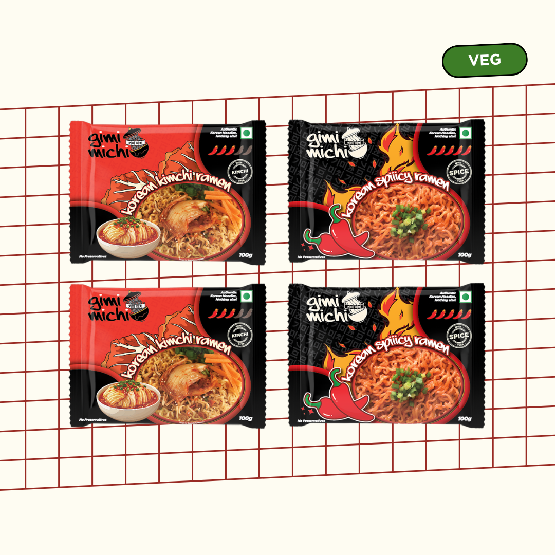 Gimi Michi Korean Kimchi & Fire Twin Duo Box - 2 Kimchi + 2 Spiiicy Korean Ramen - 4 x 100 grams