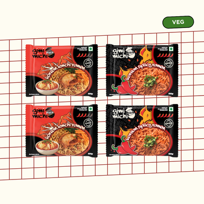 Gimi Michi Korean Kimchi & Fire Twin Duo Box - 2 Kimchi + 2 Spiiicy Korean Ramen - 4 x 100 grams