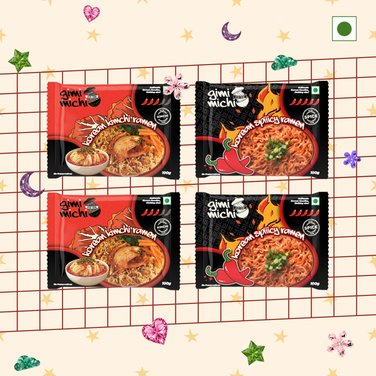 Gimi Michi Korean Kimchi & Fire Twin Duo Box - 2 Kimchi + 2 Spiiicy Korean Ramen - 4 x 100 grams