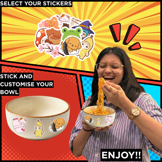 Gimi Michi Sticker Experience Box - 1 ramen bowl, 1 chopsticks, 10 washable stickers, 4 packs of ramen