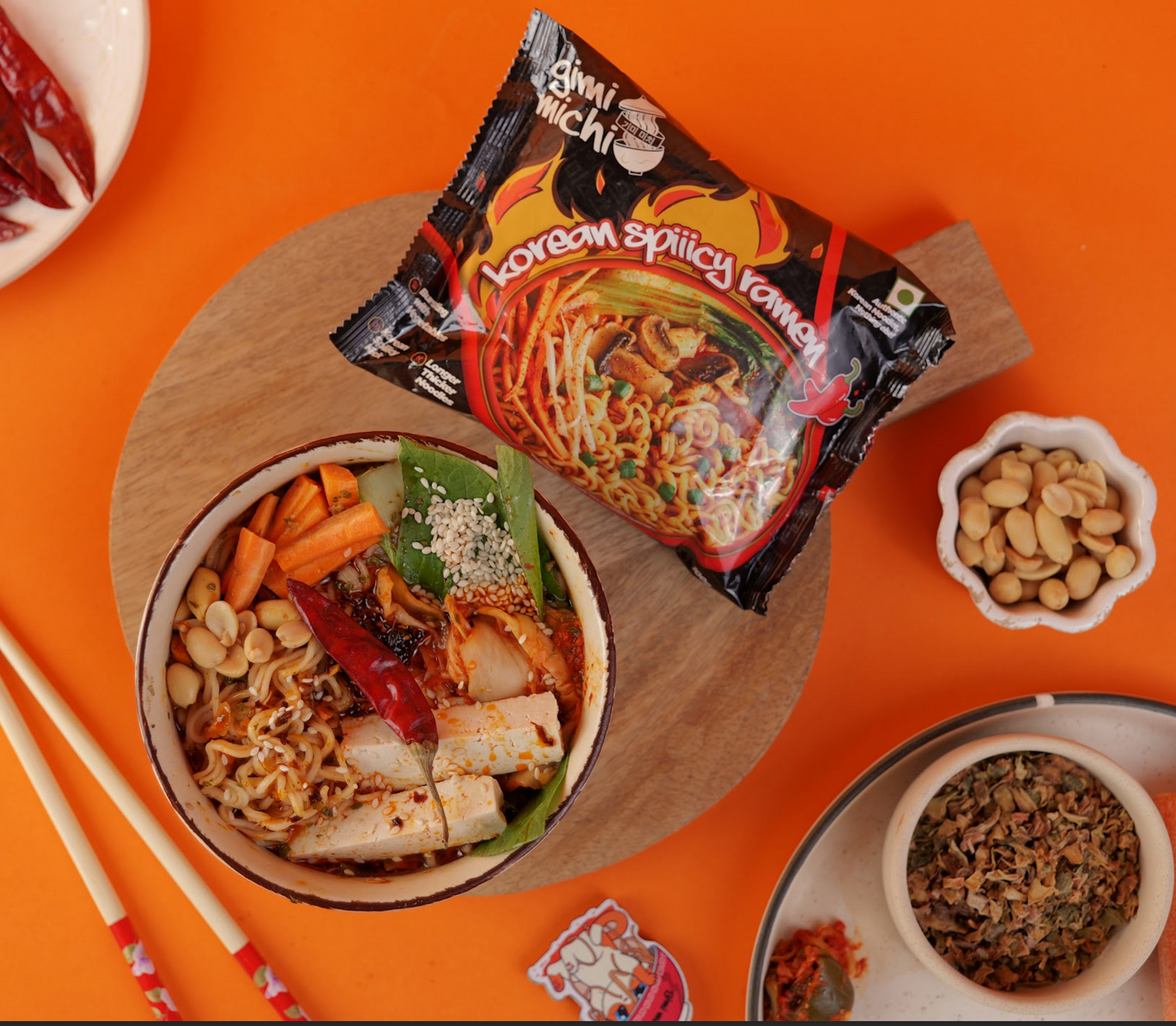 Gimi Michi Korean Kimchi & Fire Twin Duo Box - 2 Kimchi + 2 Spiiicy Korean Ramen - 4 x 100 grams