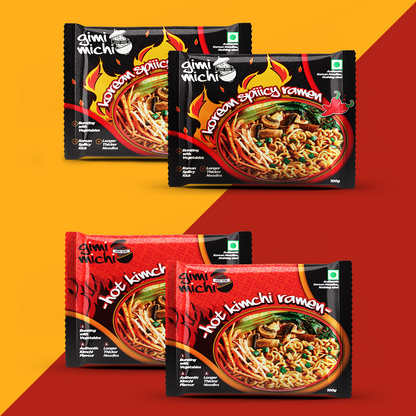 Gimi Michi Korean Kimchi & Fire Twin Duo Box - 2 Kimchi + 2 Spiiicy Korean Ramen - 4 x 100 grams