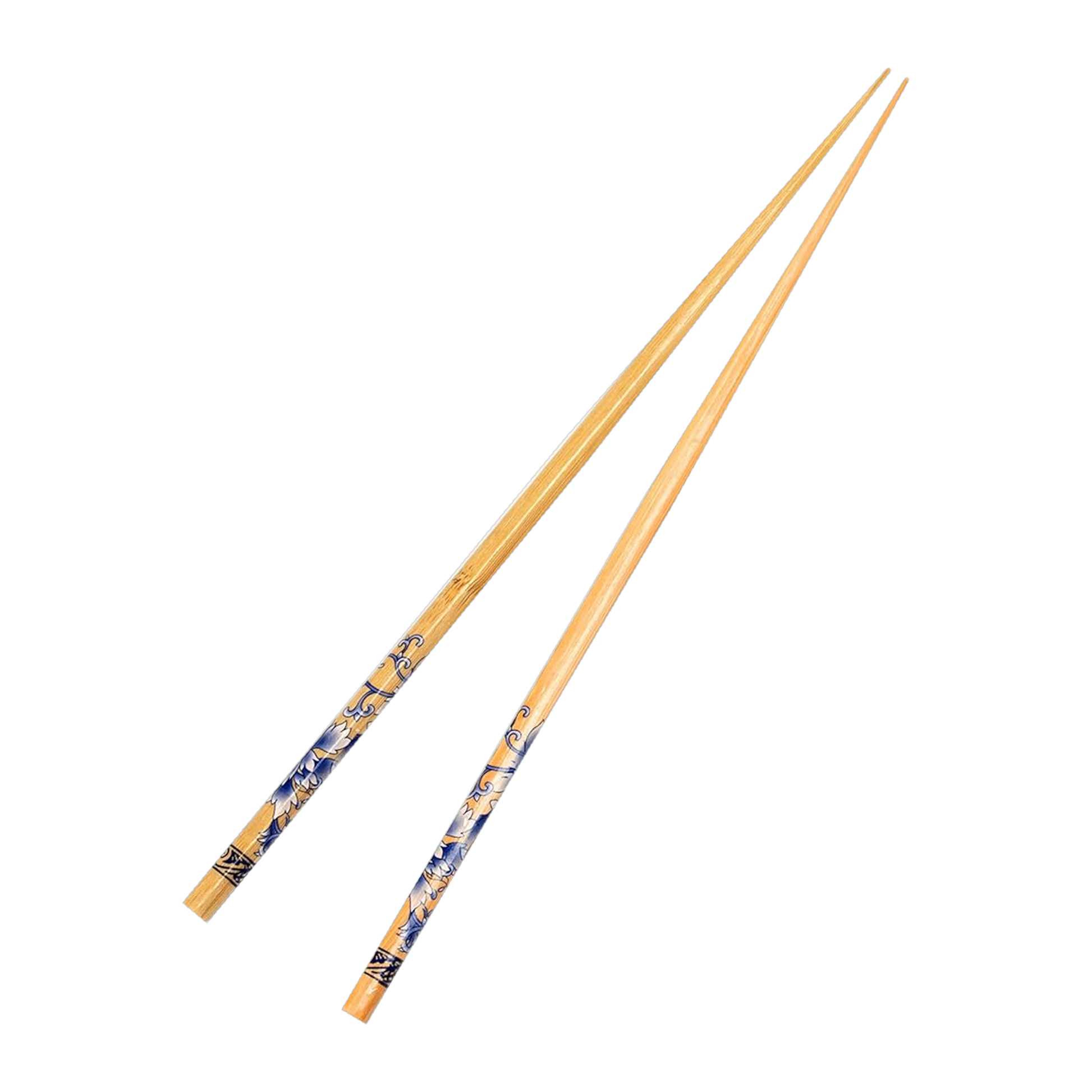 A pair of printed bamboo chopsticks, blue pattern on natural bamboo
