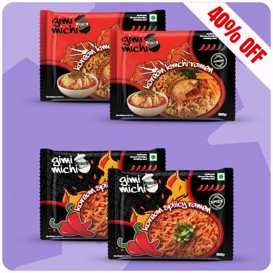 Gimi Michi Korean Kimchi & Fire Twin Duo Box - 2 Kimchi + 2 Spiiicy Korean Ramen - 4 x 100 grams
