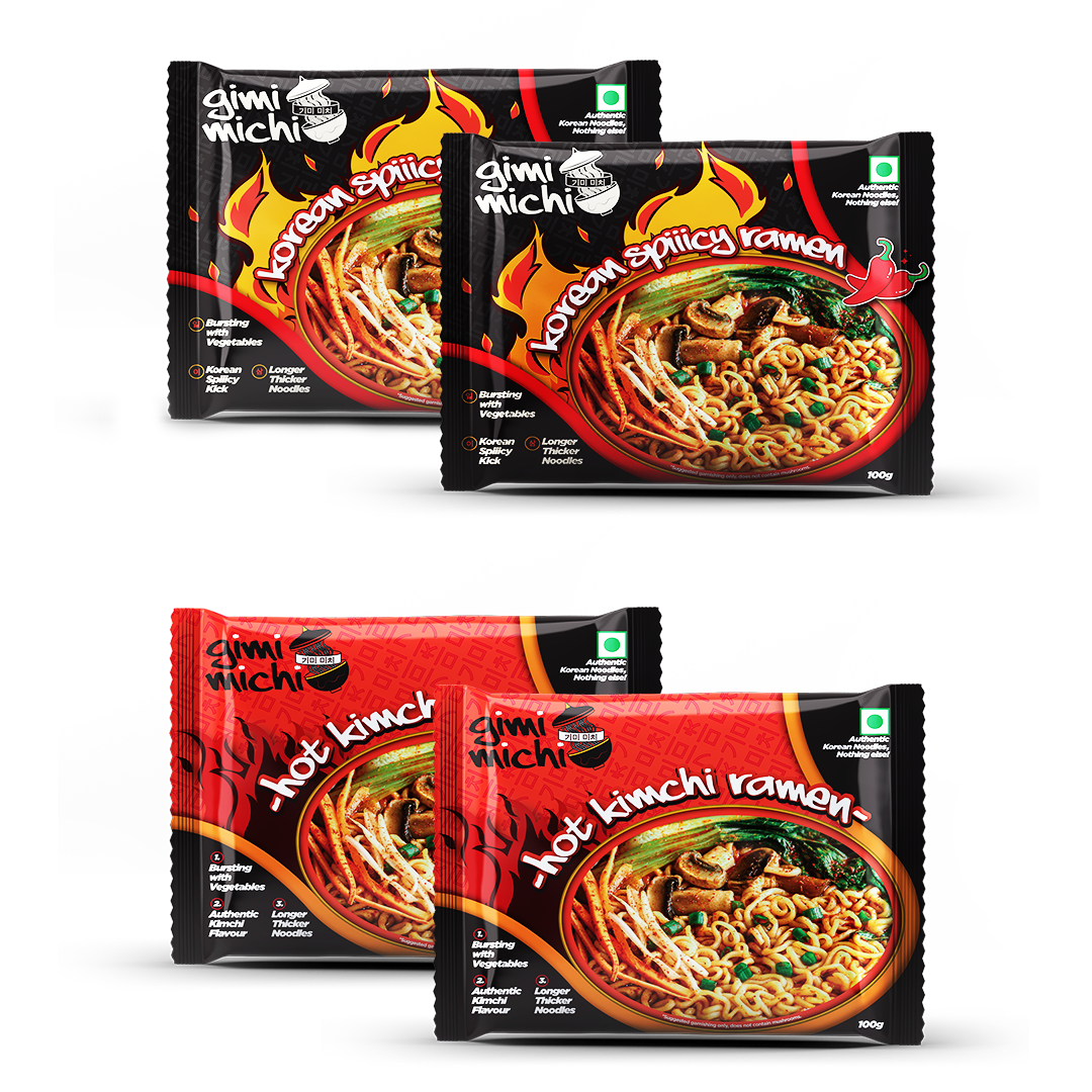 Gimi Michi Korean Kimchi & Fire Twin Duo Box - 2 Kimchi + 2 Spiiicy Korean Ramen - 4 x 100 grams