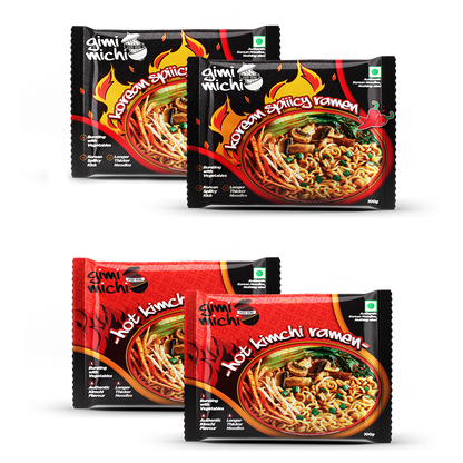 Gimi Michi Korean Kimchi & Fire Twin Duo Box - 2 Kimchi + 2 Spiiicy Korean Ramen - 4 x 100 grams