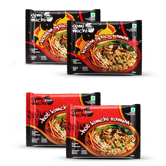 Gimi Michi Korean Kimchi & Fire Twin Duo Box - 2 Kimchi + 2 Spiiicy Korean Ramen - 4 x 100 grams